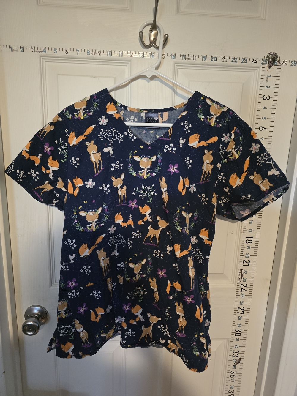 Navy Deer & Fox Print Women’s V-Neck Top Scrub top